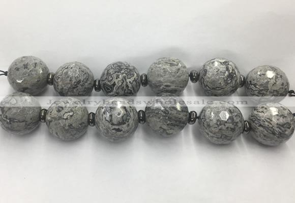 LSBS330 7.5 inches 30mm faceted round grey picture jasper gemstone beads wholesale